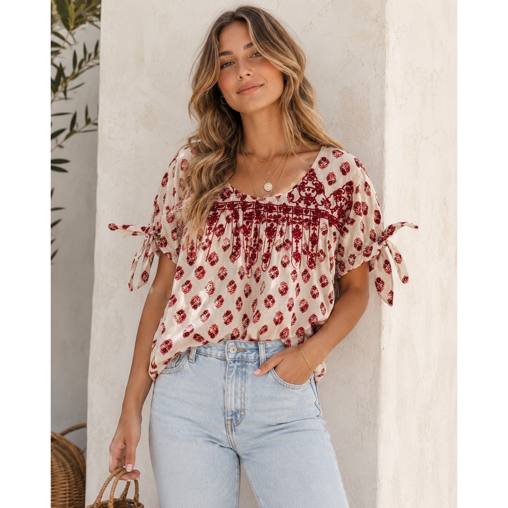 A Loves A Red Block Print Embroidered Linen Blend Tie Sleeve Blouse Top Large